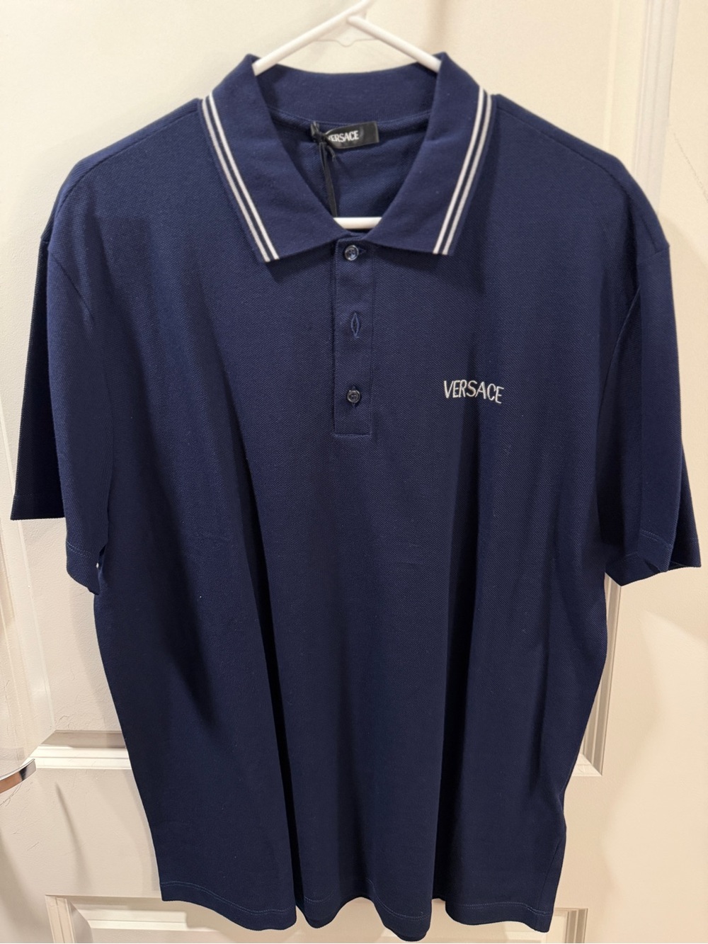 Versace Navy Polo with White-Trim Collar